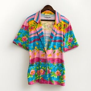 Vtg Peter Popovitch Floral Camp Shirt Retro Collar 80s Abstract Knit Blouse Med